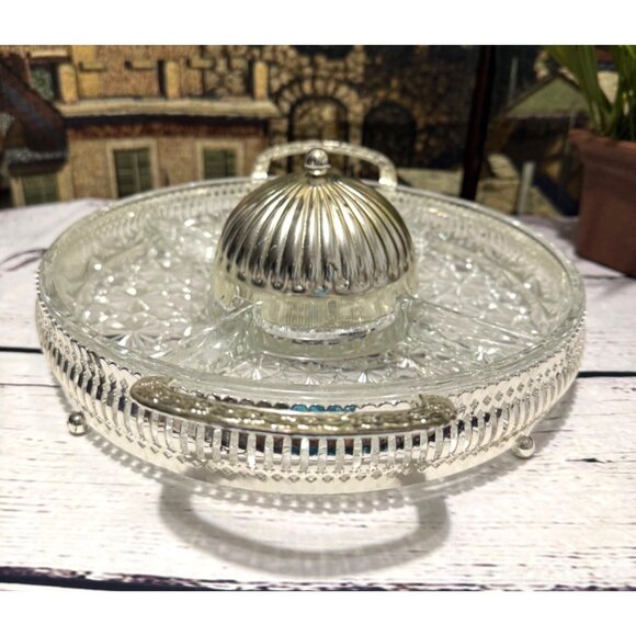 Vintage Silver-Plated Glass Relish Tray With Lid & Handles - Picture 2 of 13